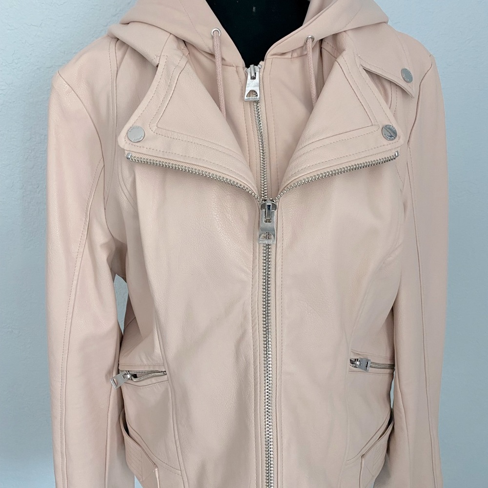 Guess pink leather look motorcycle jacket XL